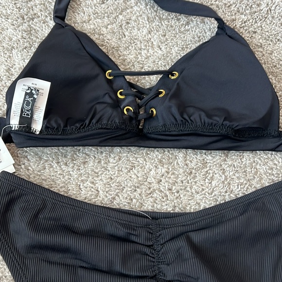 NWT $146 BECCA Medium M 8 10 Black Ribbed Sexy Bikini 2 piece swimsuit NEW Gold - Picture 7 of 16